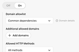 A configuration panel for Agent Internet Access, including: Toggle On/Off (currently On); Domain Allowlist (Set to Common dependencies).