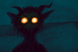 A fiery-eyed pooka, on a dark country road.