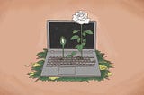 A laptop crushes some grass and old flowers, as new flowers start growing out of its keyboard.