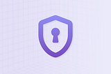 A purple shield icon with a keyhole in the center, symbolizing cybersecurity and protection. The background features a multi-dimensional grid pattern.