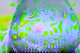 Abstract digital art in bright colours: Green, purple, yellow and purple.