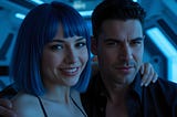 A sexy and attractive woman with short blue hair poses for a selfie wit a sexy man aboard a spaceship. Space ship erotica.