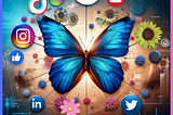 social butterfly karen michaels a blue butterfly, flowers, and social media icons like instagram, facebook, linkedin, twitter, x tiktok, youtube