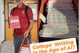 Two photos. Mark Marino standing on the left, holding his bag of composition notebooks and the composition notebooks on the right with the question: College Writing in the Age of AI?
