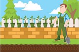 A man dressed in overalls holding a spade looks suspiciously at a row of plants.