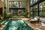 A serene indoor pool surrounded by lush greenery and large windows inviting peaceful reflections of the forest outside.