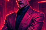 Strategic professional in cyberpunk aesthetic with illuminated tech glasses, symbolizing augmented intelligence and the fusion of human expertise with technological enhancement