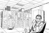 A hand-drawn illustration of Marshall McLuhan in a computer lab with server racks behind him. He is holding a hammer and AI is etched on the side via Procreate by Chris R. Becker