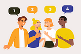 An illustration of 4 people (2 girls and 2 boys) talking. Above them there are speech balloons numbered from 1 to