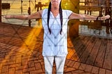 a lady with braided pigtails standing with arms outstretched to her sides, photoshopped onto a deck with boats in their slips and the sunset in the background on Florida’s Gulf Coast
