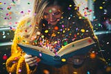 Woman wearing a yellow sweater opening a book and colorful confetti is popping out of it