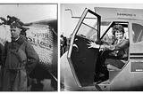 Man standing in front of airplane; woman sitting in cockpit of airplane