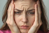 a close up image of a woman looking stressed and holding their head in their hands