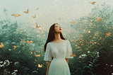 A woman gazes upward amidst a dreamy forest, surrounded by glowing butterflies and ethereal light.