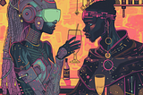 risograph image of a cyborg and futuristic wizard enjoying drinks at a bar