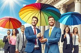 Bankers with umbrellas on a sunny day