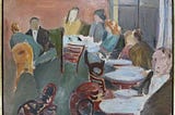 A painting depicting people dining at outdoor restaurant tables, illustrating the social spaces where presence and encounter unfold