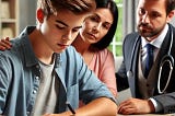 College student with parents and doctor signing living will and health care proxy.
