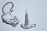 Cartoon cat staring at a lighted candle