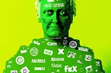 The Frankensteinian bastard child of SAFe® and the Spotify model. Green buste with cyborg facial features on green background coverd in imaginary logos of social media and tech companies.