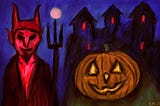 A spooky Halloween scene, with a devil, Jack O’Lantern and creepy house.