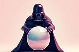 Darth Vader from Star Wars trying to unveil the future through his magic orb, in a light pink background.