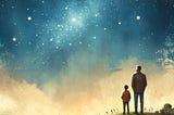A young boy standing on a hilltop, looking up at a starry sky with his father by his side