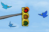 A cartoon of a traffic light hanging on a pole with a ble sky behind it. In the background are three blue birds. The light is red, but the red light is in the shape of a heart with a simple face. Art by Doodleslice 2024