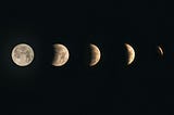 Five images, in a horizontal line, of different phases of the moon, from full to waxing gibbous, to first quarter, to crescent, to a sliver before new.