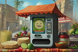 A colorful cartoon depicting “infoautomat” working at a taco stand. The infoautomat, a friendly robot with a shed roof for a hat, stands behind a counter filled with fresh ingredients for tacos. Una colorida ilustración que muestra a “infoautomat” trabajando en un puesto de tacos. El infoautomat, un robot amigable con un techo de cobertizo como sombrero, está detrás de un mostrador lleno de ingredientes frescos para tacos. Un emoji de cara feliz hecho con una tortilla aparece dentro del cristal