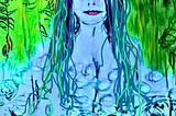 Drawing of a woman with closed eyes immersed in water surrounded by green plants