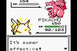 Pikachu fighting against another Pokemon with a super effective attack.