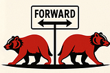 Illustration of two red and black Wisconsin badgers walking in opposite directions beneath a sign labeled “FORWARD” with arrows pointing left and right — symbolizing political or ideological division in the state’s path forward.