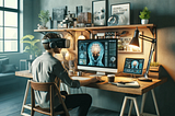 A realistic, natural cover image of a modern workspace shot on a DSLR camera. It features a person wearing a VR headset, experiencing a personalized interface. A monitor next to them displays a readout on brain activity. The desk includes a computer with design software open, a notebook, and a coffee cup. In the background, there is a shelf with design books, a plant, and a stylish lamp. Natural light streams in from a window to the side, creating a cozy and productive atmosphere.