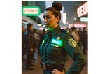 A 40-year-old woman in a dark green futuristic police uniform, the nameplate reads “DeKlerk,” dark brown hair in a bun, hands on her hips, background is a large city market of the future, lots of neon lighting, people milling around at night