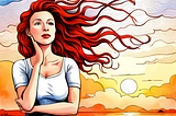 A red-headed wpman stands in front of a sunset.