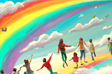 People on a rainbow in the sky