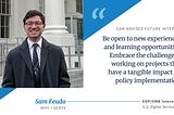 An image of the first U.S. Digital Service intern, Sam, standing in front of a U.S. government building.