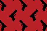 A red background with black silhouettes of pistols.