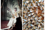 Two photos: the one of the left shows Queen Elizabeth II in full regalia; the right photo shows a queen bee surrounded by other bees, honeycomb in the background.