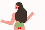 A woman wearing a green underwear with a blood stain on the back side shaped like a heart