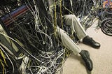 A person has their whole body immersed under a pile of random cables connecting systems in a random way. There are hundreds of cables and the person’s legs are sticking out, they are wearing beige trousers and black shoes.