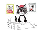 author’s cartoon cat with portraits of Sylvester and Fritz in the background
