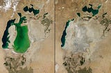 “An image of the Aral Sea as captured by NASA’s Earth Observatory on August 25, 2000 (left) shows the diminished shoreline from where the lake sat in 1960. In 2014 (right), the lake’s east lobe dried up for the first time in 600 years”