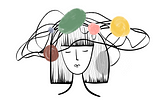 An illustration of a woman’s face surrounded by abstract distractions