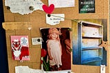 a cork bulletin board holds pieces of paper with little reminders like “know what you know,” and “pleasure is abundant” as well as a picture of the author as a young child and art of an empty bookshelf except one golden flower which a bee is heading to.