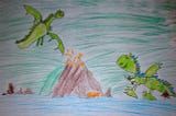 A drawing of two seemingly playful dragons by a child. Despite its obvious flaws, the colourful drawing is complete in itself