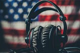 An image containing a closeup of a pair of black padded headphones. In the background of it is a somewhat blurred American flag.