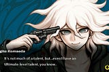 Screenshot from Super Danganronpa 2 featuring Nagito Komaeda playing russian roulette.