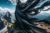 A surreal mountain vista under a pristine blue sky, with an enigmatic figure in a billowing black cloak poised on a cliff’s brink. The figure’s visage is shrouded, and the cloak is animated by a strong wind, imparting a sense of a mysterious rendezvous at the edge of consciousness.